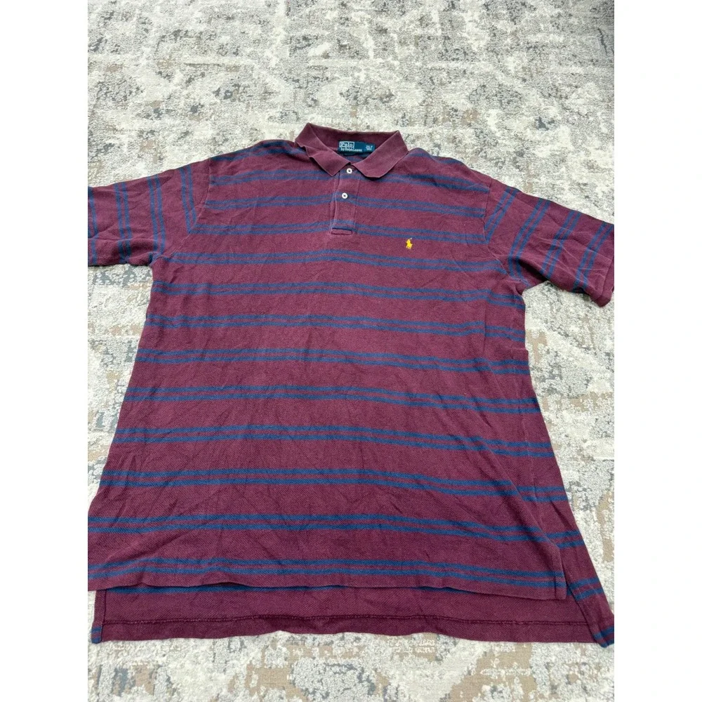 Polo Ralph Lauren Mens 2XLT Tall Striped Pique Polo Burgundy Navy Blue